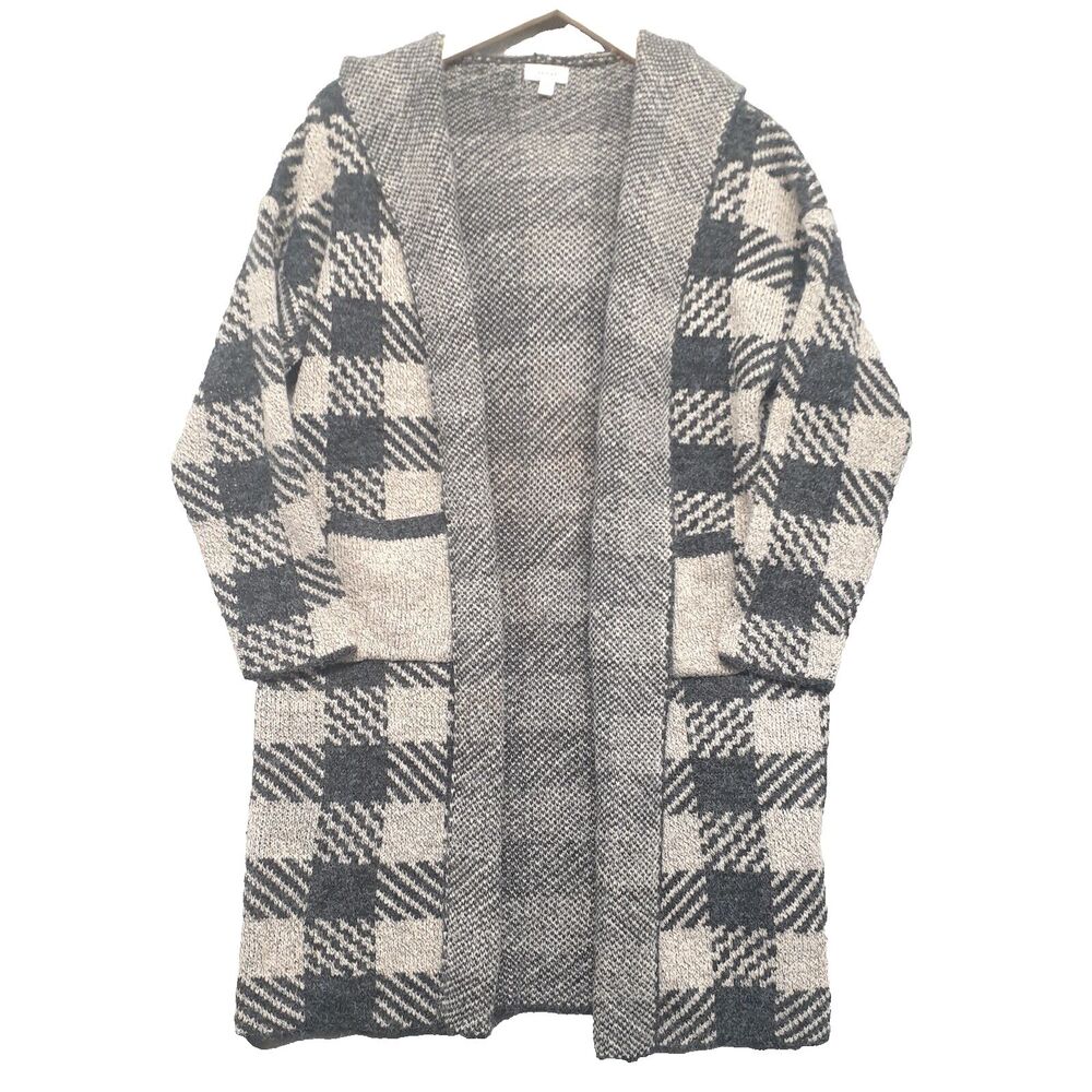 Debut Women Sz S Gray Cream Plaid Hooded Open Front Long Sleeve Cardigan Pockets